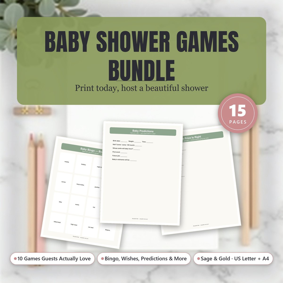 Baby Shower Games Bundle — printable sage and gold game sheets laid out