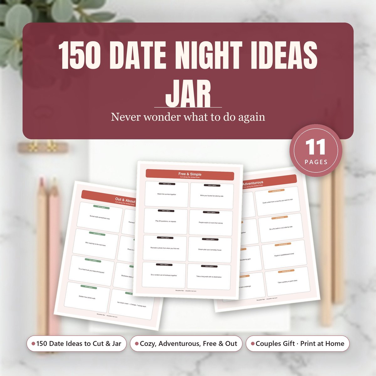 150 Date Night Ideas Jar — printable date idea cards laid out ready to cut