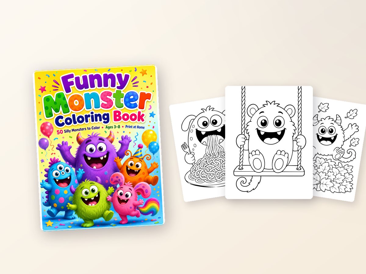 The Funny Monster Coloring Book cover next to three real pages from inside it — bold black line art of friendly monsters.