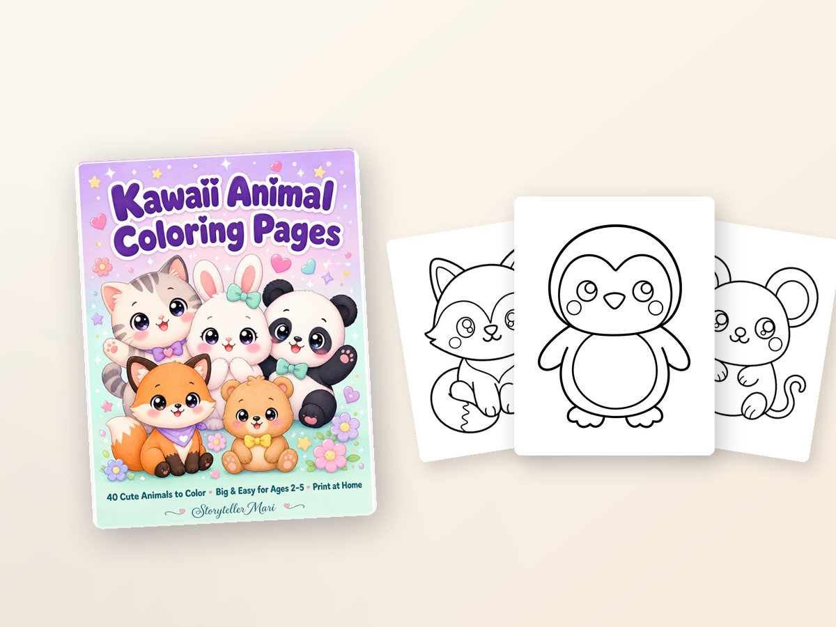 The Kawaii Animal Coloring Pages cover next to three real pages from inside it — simple, round animal outlines.