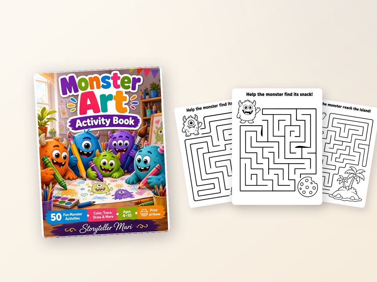 Monster Art & Activity Book — cover and three real interior pages with mazes and drawing prompts.