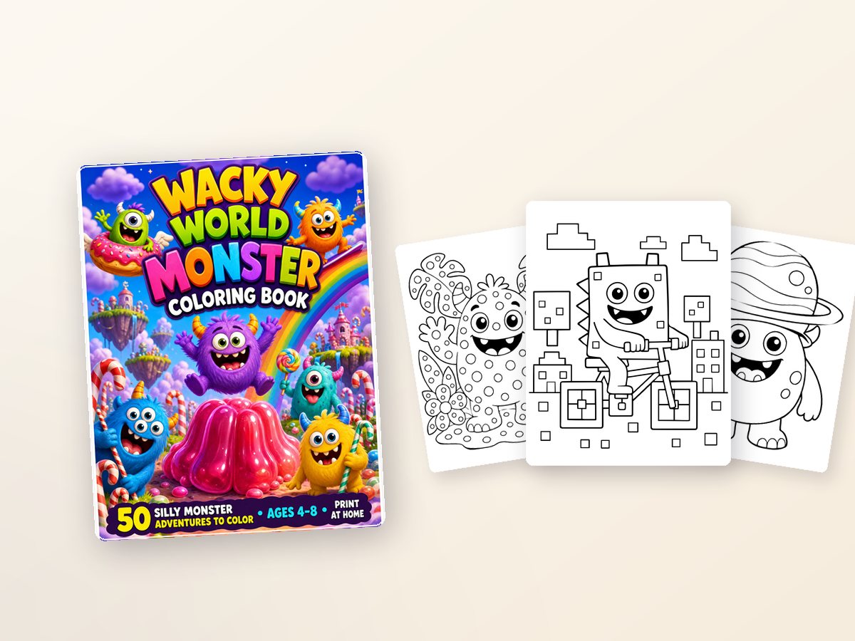 Wacky World Monster Coloring Book — cover and three real interior pages.