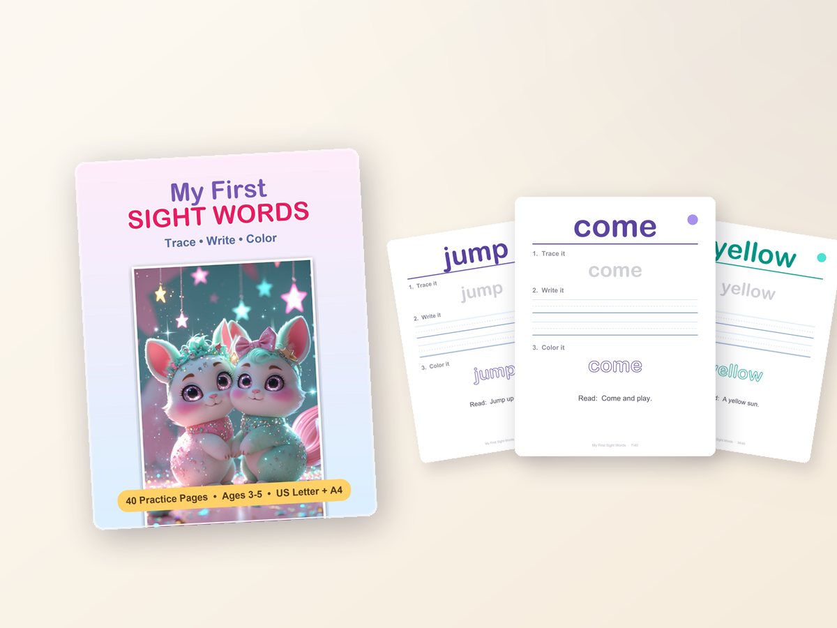 My First Sight Words — cover and three real practice pages showing trace, write and color.