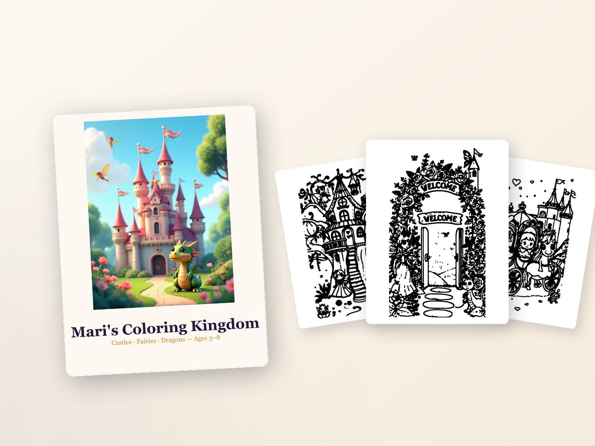 Mari's Coloring Kingdom bonus book — cover and three real interior pages with a castle, a fairy and a dragon.