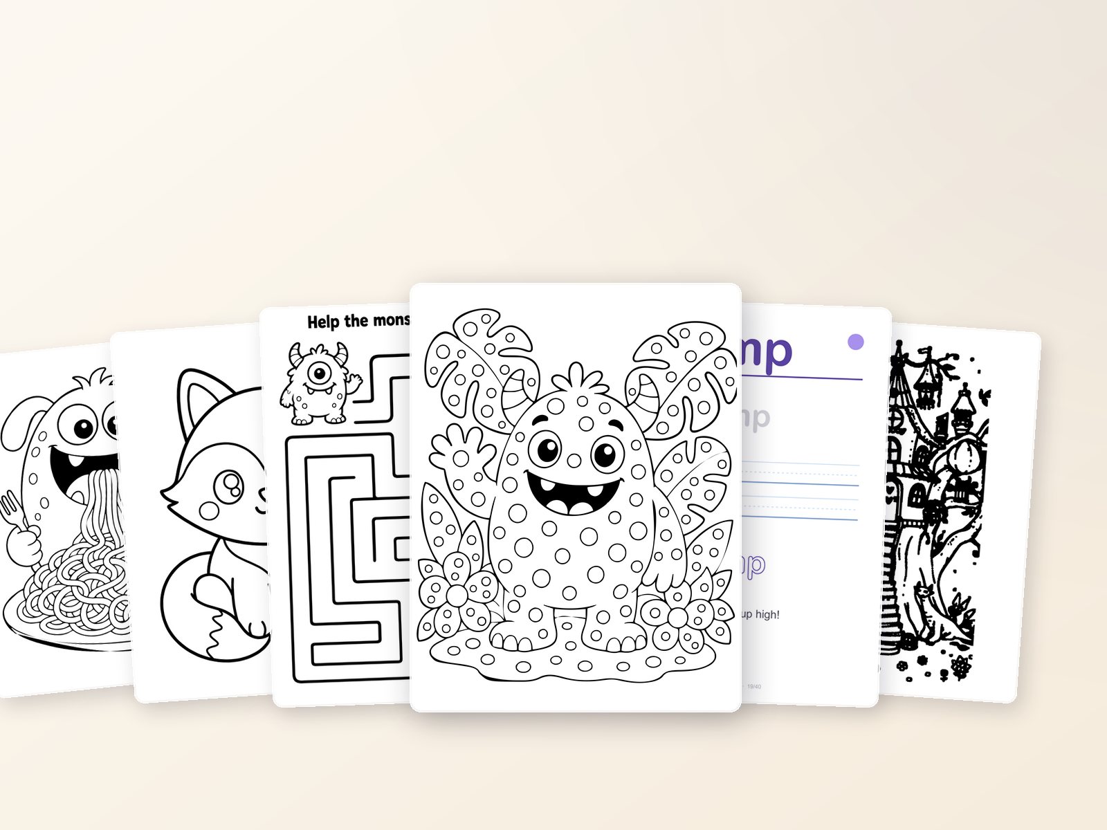 Real pages from all six books in the Forever Library — funny monsters, kawaii animals, a monster maze, a sight-words practice page and Mari's Coloring Kingdom line art.