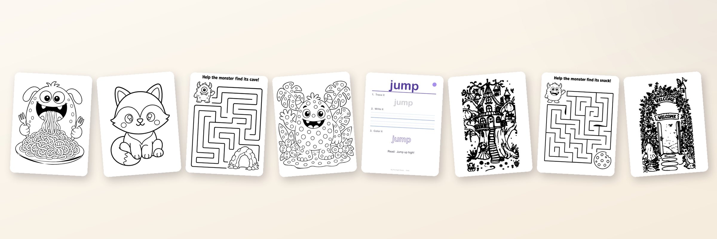 Real pages from all six books — a spaghetti-eating monster, a kawaii fox, a monster maze, a spotted monster, a sight-words practice page, a fairy-tale castle, a second maze and a welcome archway.