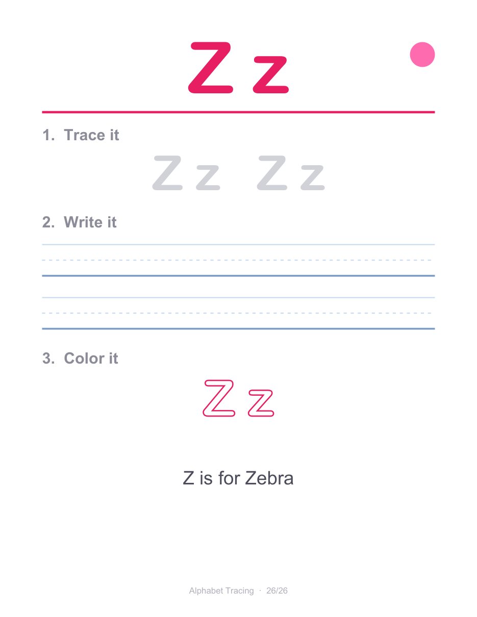 Real page 28 of 30 from the Alphabet Tracing A-Z workbook.