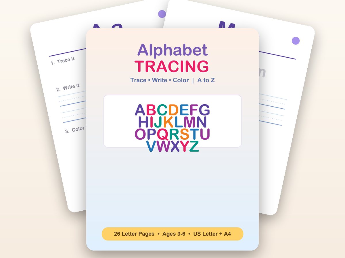 Alphabet Tracing A–Z cover with two real activity pages behind it — trace, write and colour the letter.