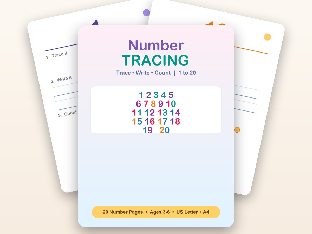 Number Tracing 1–20 cover with two real activity pages behind it — trace the numeral, write it, count and colour.