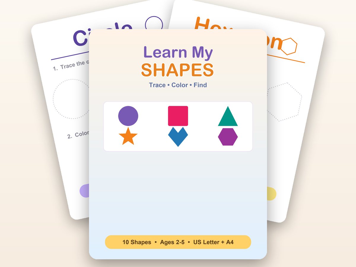 Learn My Shapes cover with two real activity pages behind it — trace the dotted shape and colour the big one.