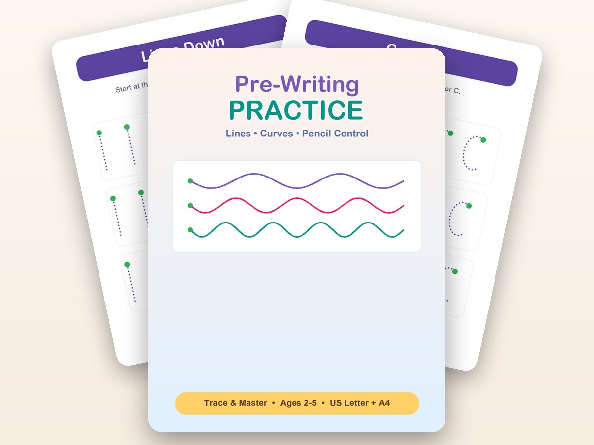 Pre-Writing Practice cover with two real activity pages behind it — lines down and curves, with green starting dots.