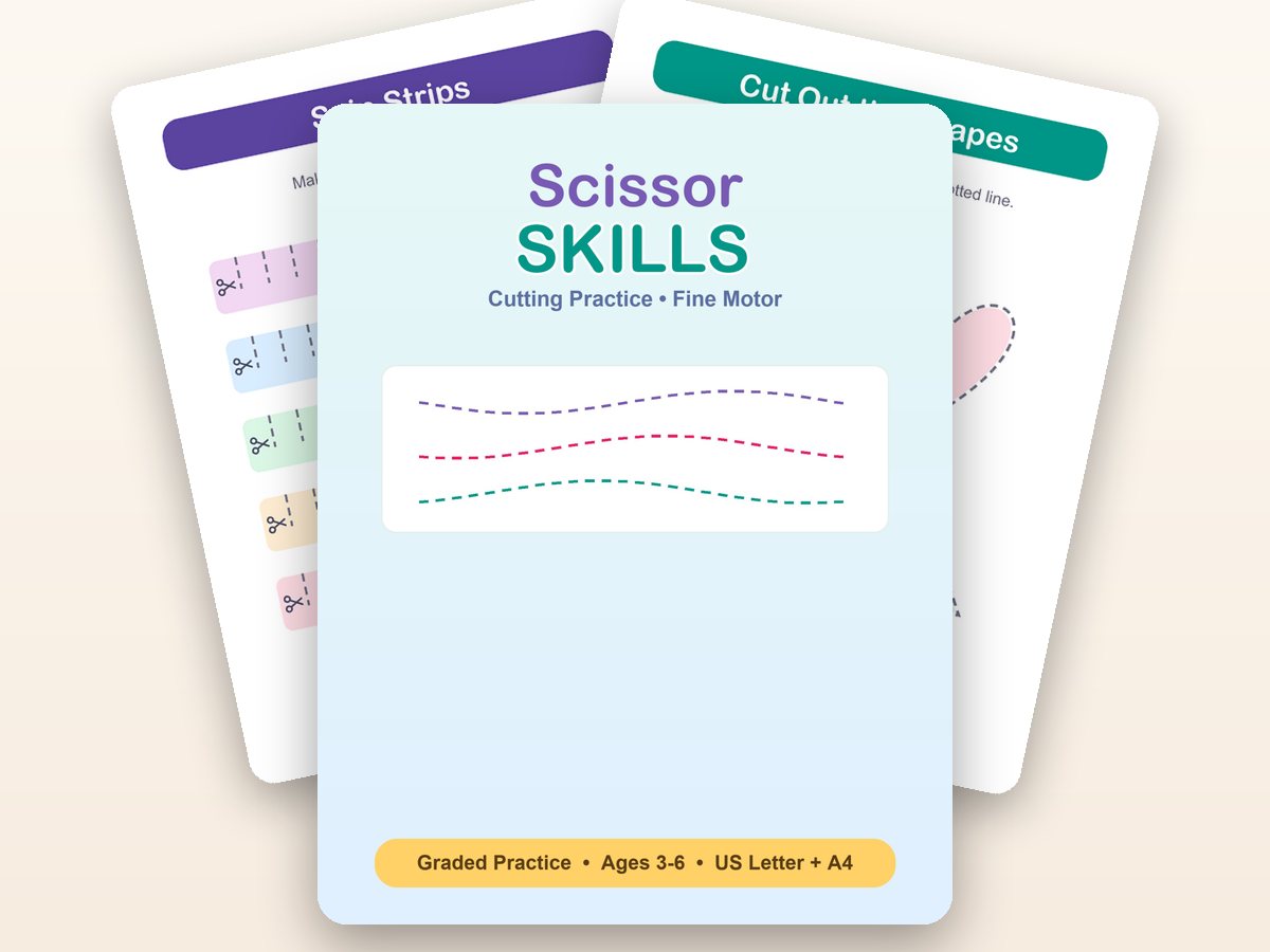 Scissor Skills cover with two real activity pages behind it — snip strips and shapes cut out on the dotted line.