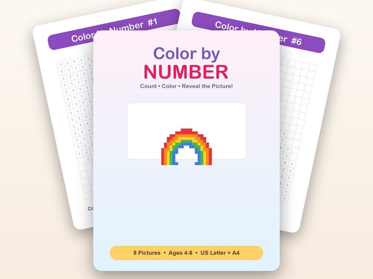 Color by Number cover with two real puzzle pages behind it — numbered areas and the colour key printed on the page.