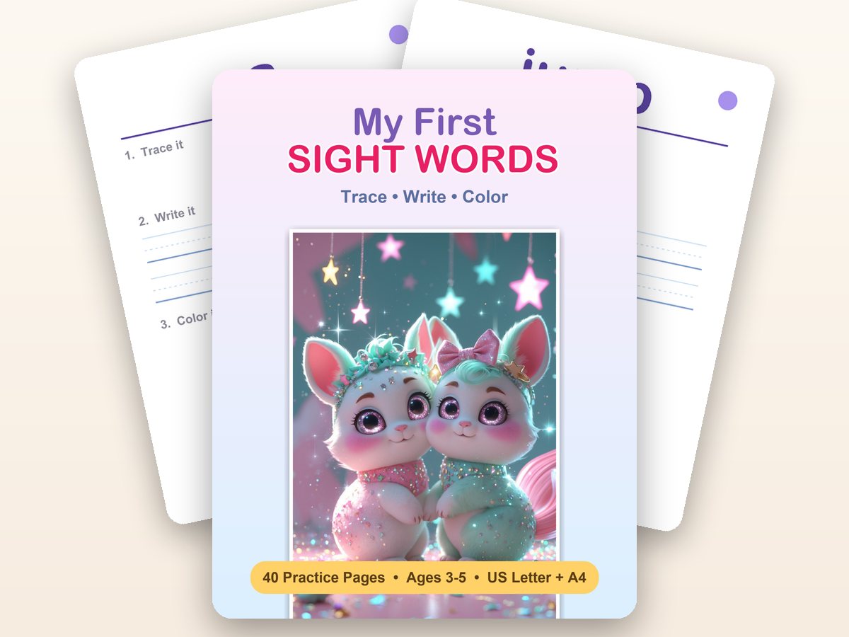 My First Sight Words cover with two real activity pages behind it — trace, write and colour the word, then read it in a sentence.