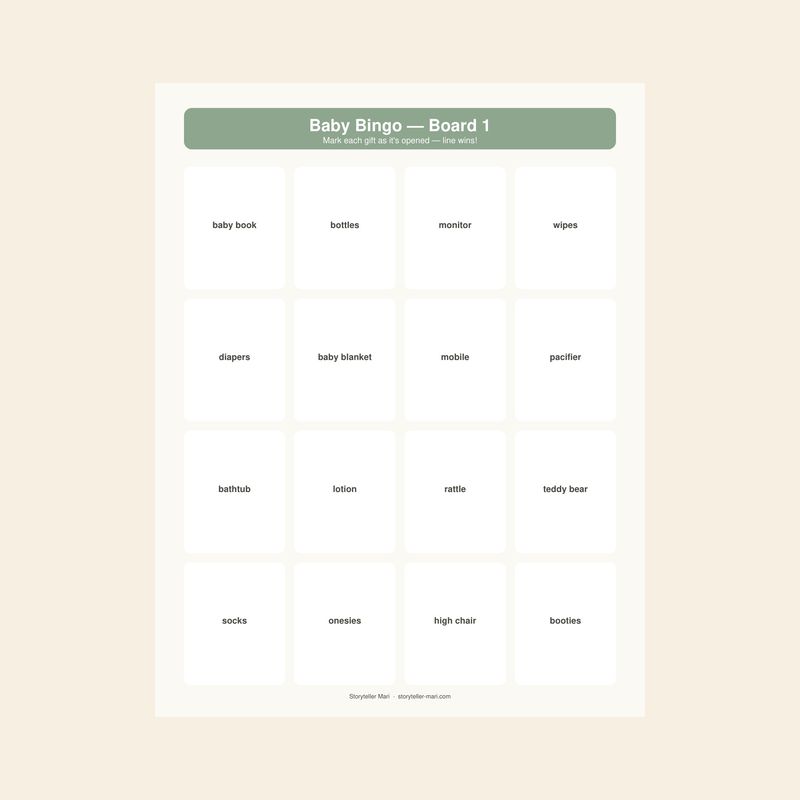 Baby Bingo Board 1 printable page — sage and gold