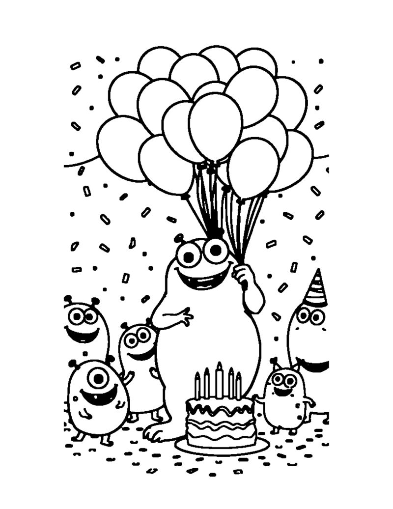 Real sample page from the Funny Monster Coloring Book: monsters celebrating a birthday party with balloons and cake