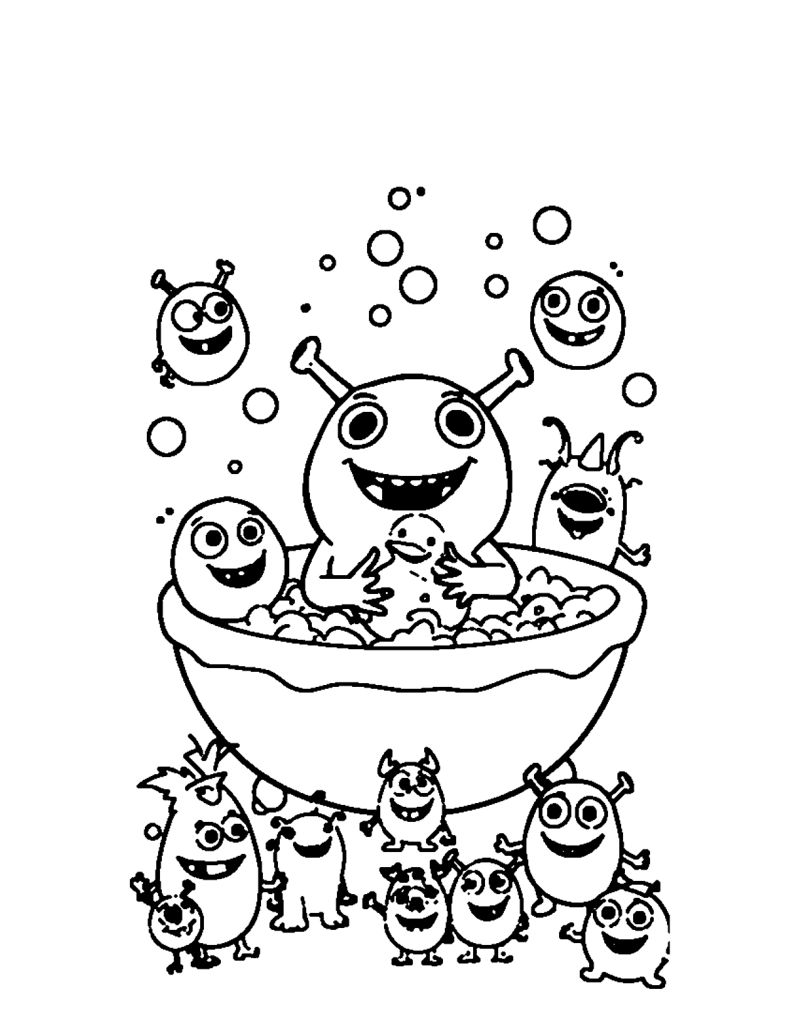 Real sample page from the Funny Monster Coloring Book: a group of monster friends playing together in a bubble bath